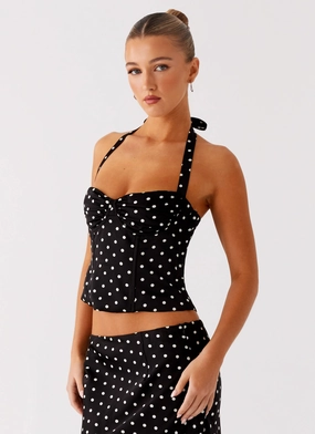 Breanne Top - Black Polka Dot Friction Resistant Shoulder