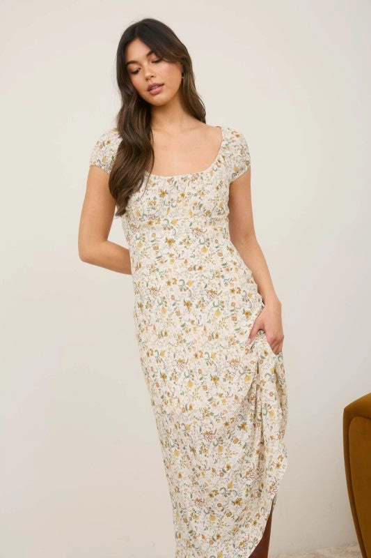 Kora Floral Scoop Neck Ruched Short Sleeve Midi Dress Move Free Gentle Look