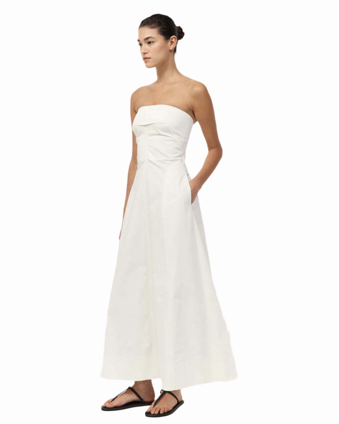 Lace Accent Minimal Form Sculpted Cotton Strapless Dress in Milk