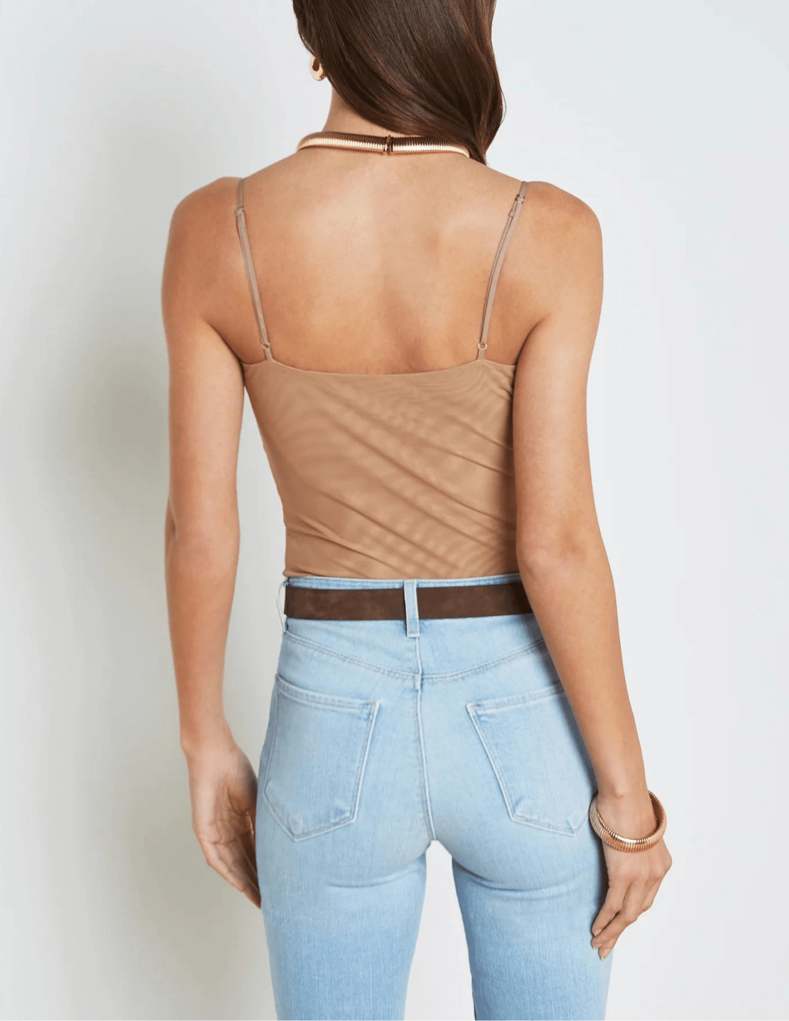 L'AGENCE Gelina Ruched Scoop-Neck Bodysuit in Dark Cappuccino Relaxed Waist Work Friendly