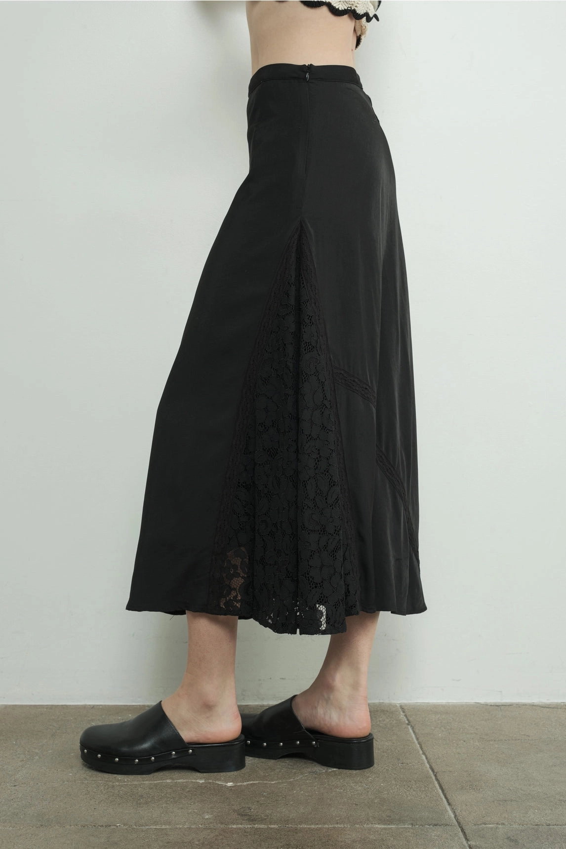 Satin Lace Midi Skirt - Black AntiPilling Surface