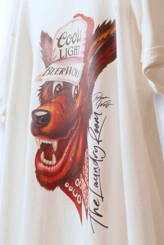 MicrofiberBlend Multipanel Construction Beer Wolf Oversized Tee - White