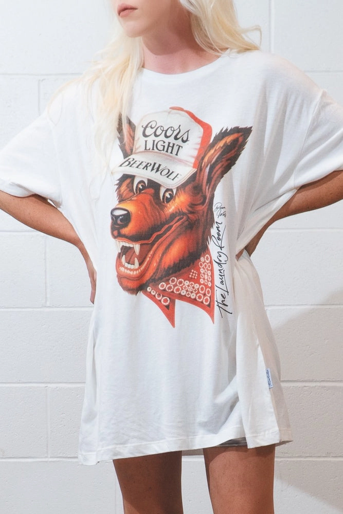 Beer Wolf Oversized Tee - White Wrinkle Resistant Treatment Relaxed Dress