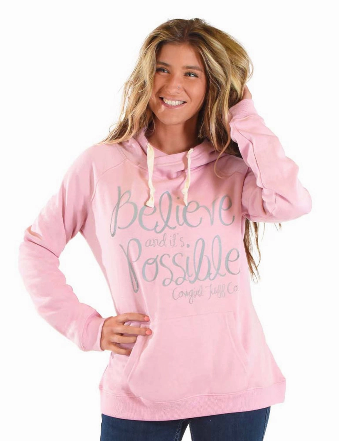 Cowgirl Tuff Womens Gray Believe Pink Poly/Rayon Hoodie Low Profile Insulation