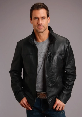 Foldable Design Stetson Mens Black Leather Smooth Zip Jacket