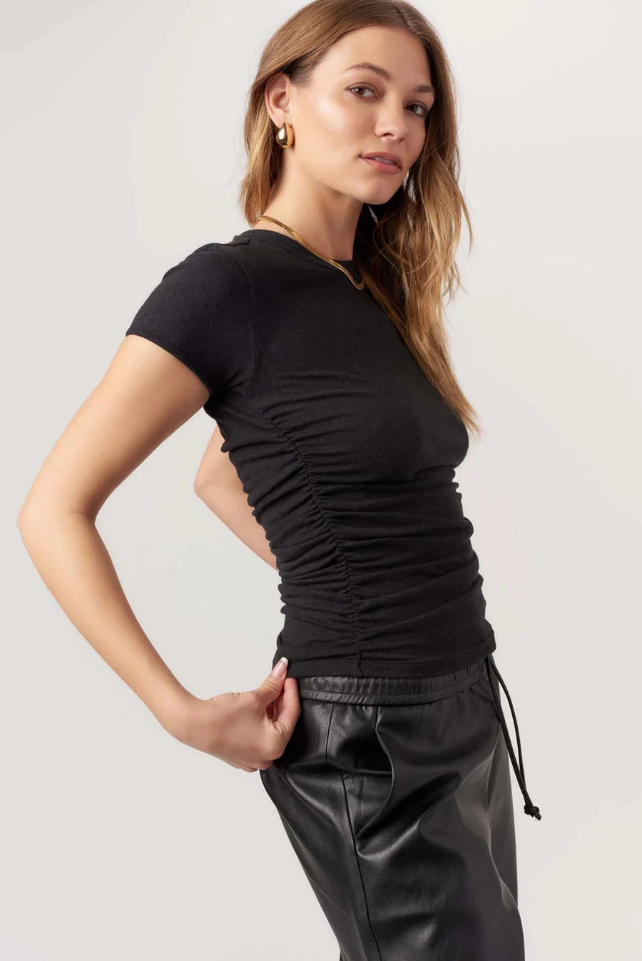 Izzie Ruched Baby Tee - Black Circular Knit Technique
