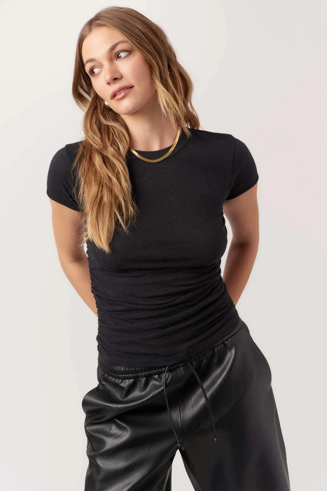 Izzie Ruched Baby Tee - Black HeatPressedLogos OdorResistantTreatment