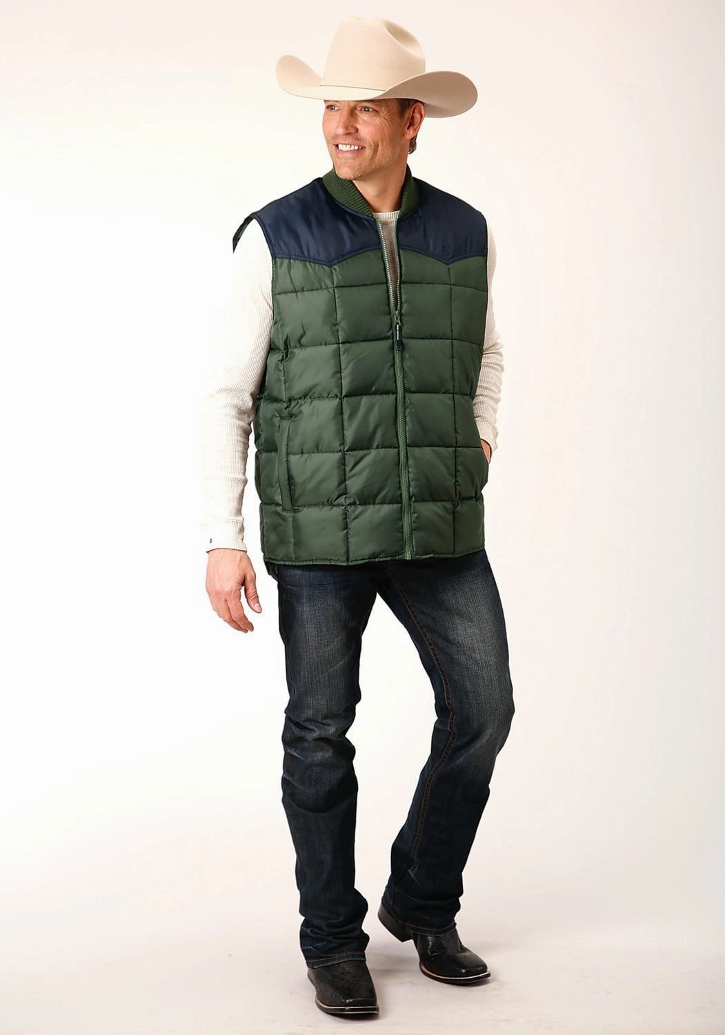 Roper Mens Western Quilted Green 100% Polyester Softshell Vest Noise Free Material