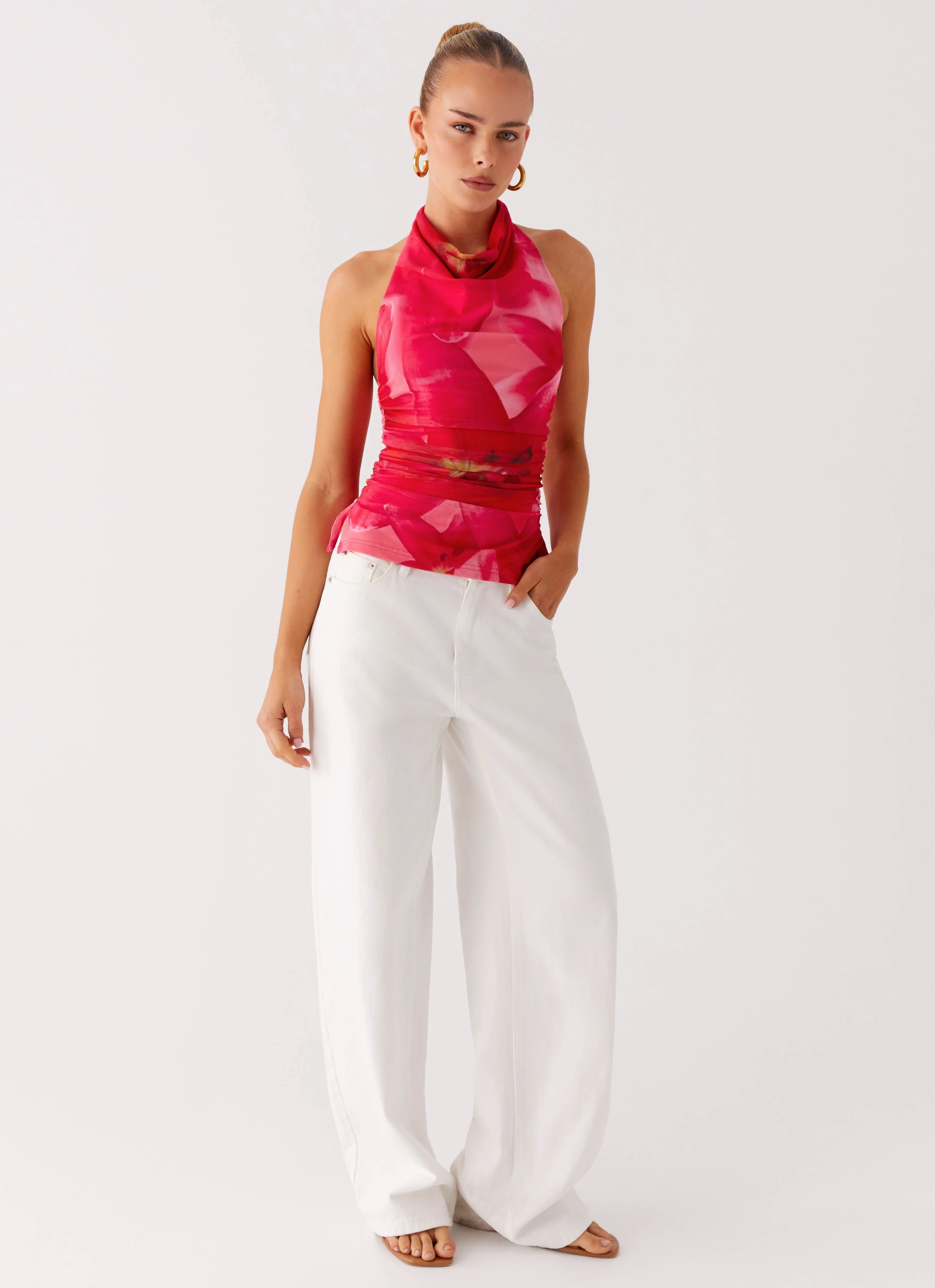 Delany Halter Top - Peach Watermelon Flower Relaxed Tee Stretch Weave Construction