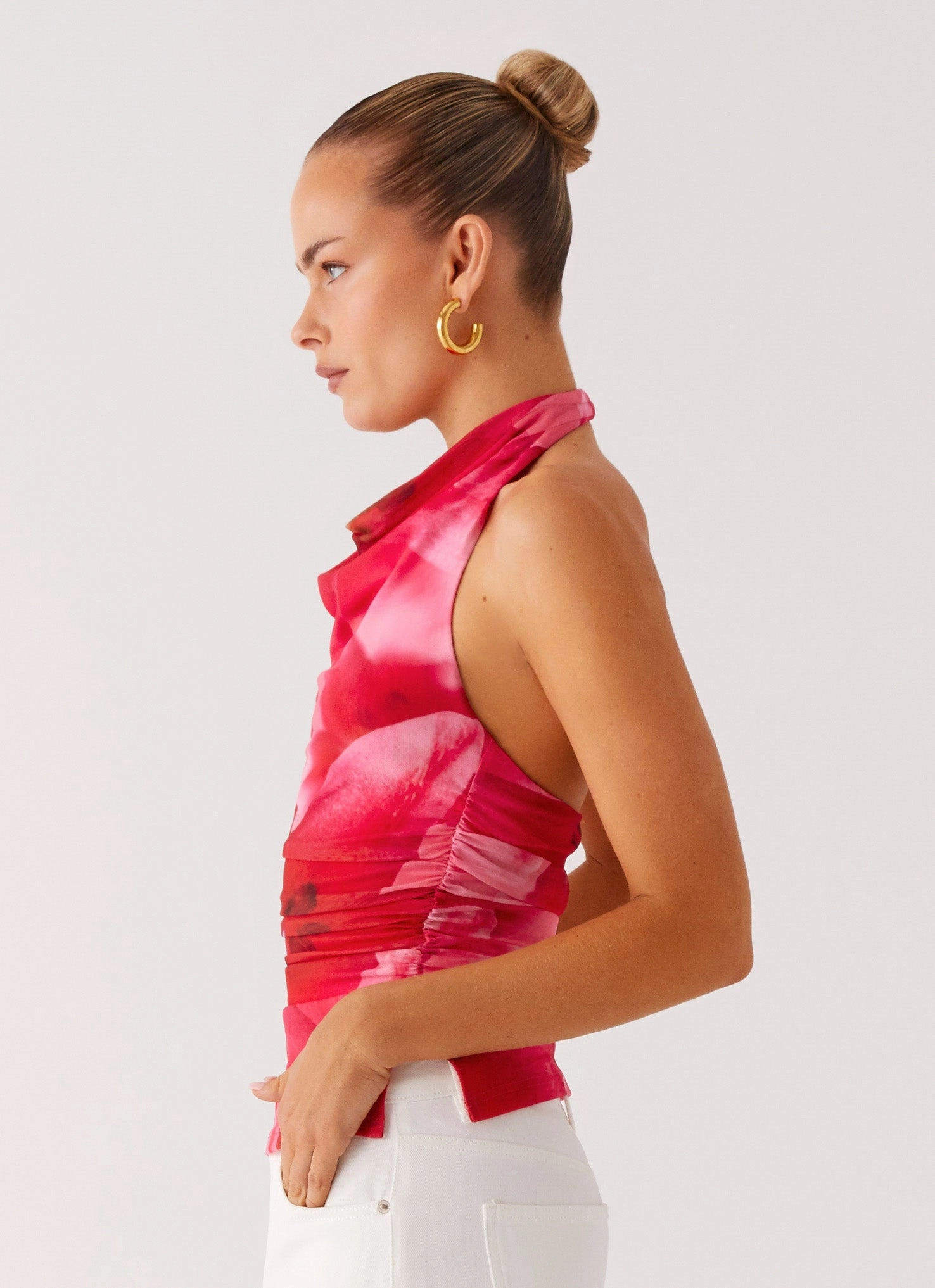 Delany Halter Top - Peach Watermelon Flower BreathableMoistureBarrier Layered Panel Construction