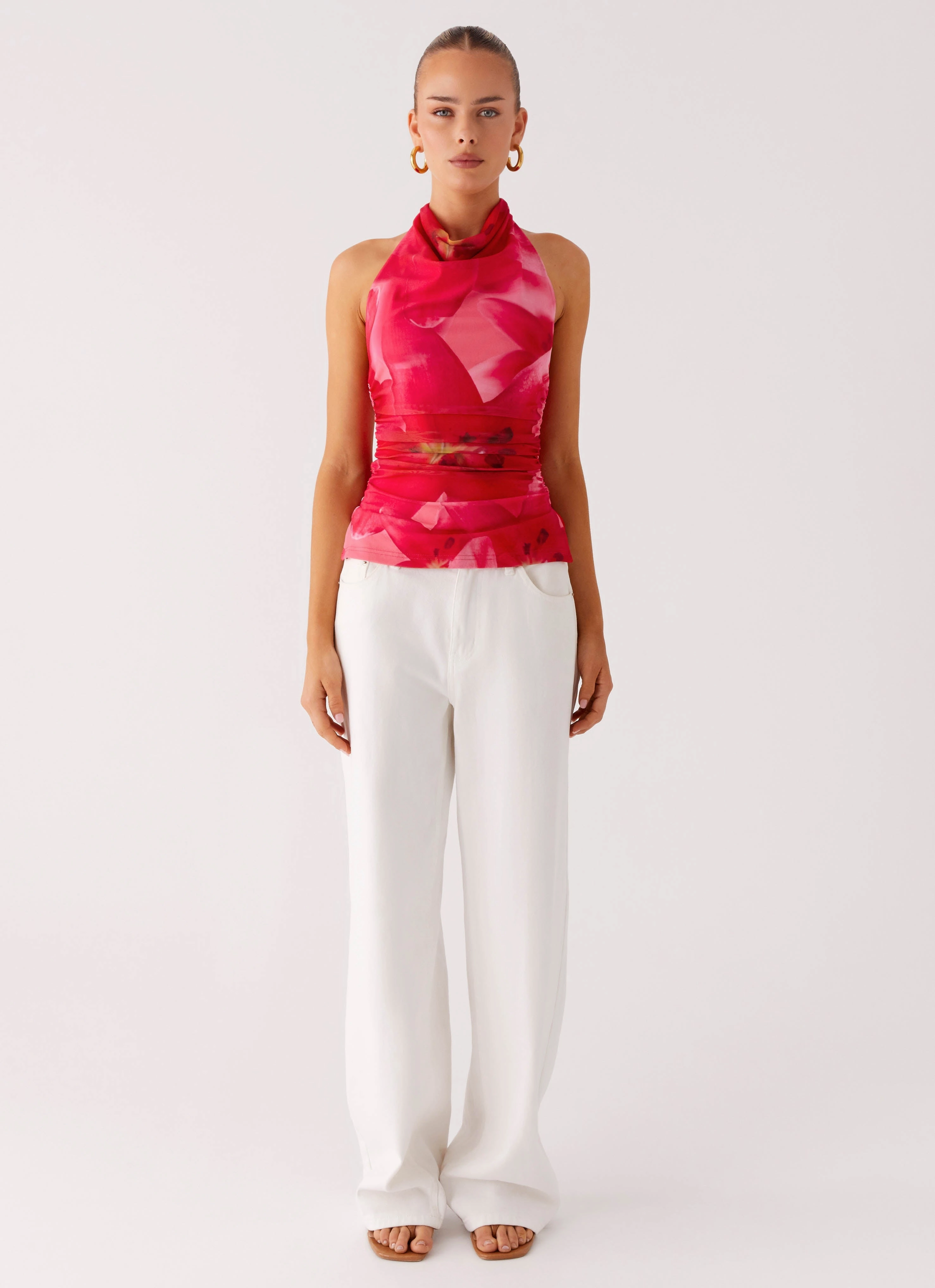 Stretch Waistband Design Raglan Sleeve Delany Halter Top - Peach Watermelon Flower