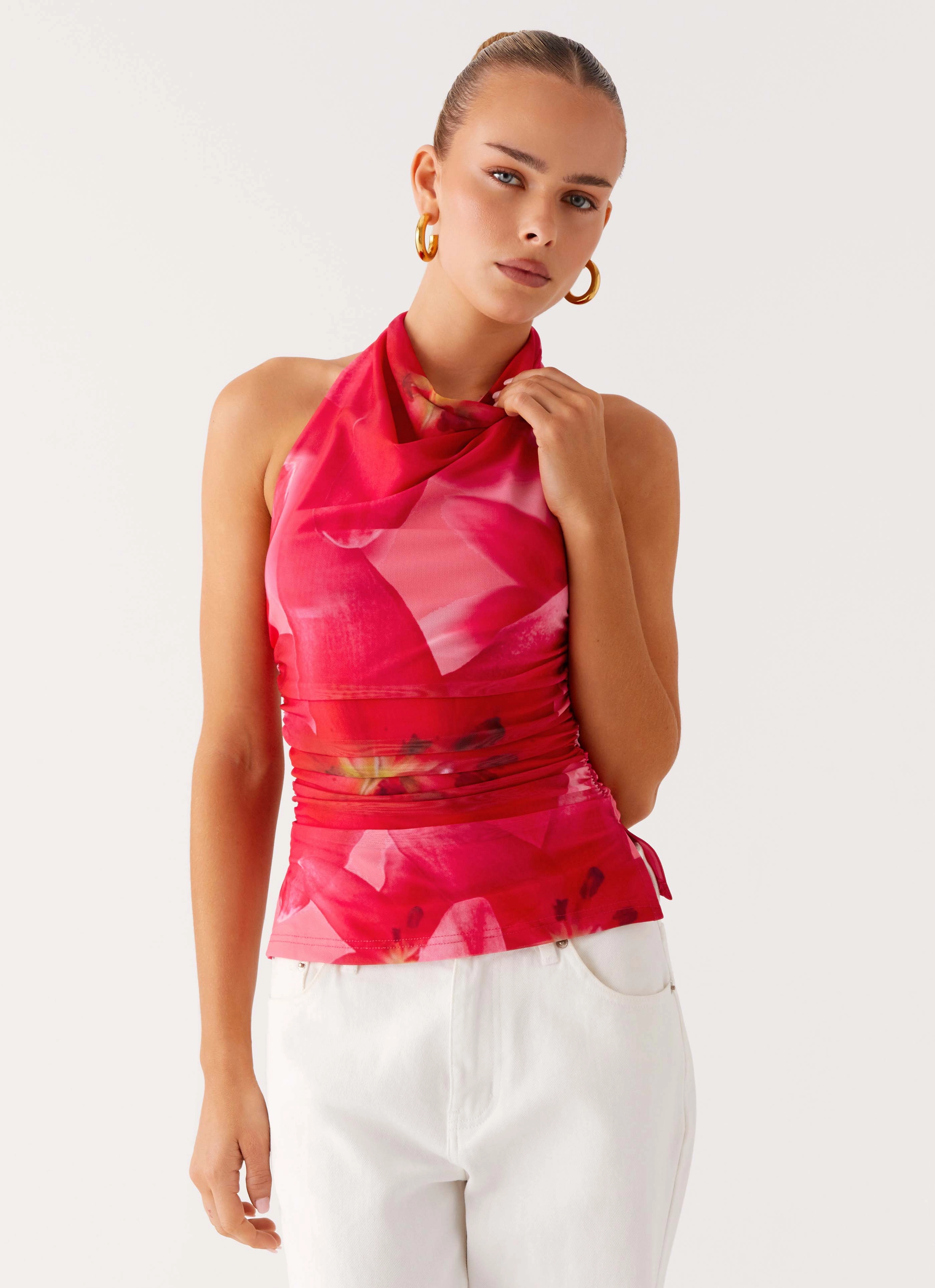 Mesh Lining Delany Halter Top - Peach Watermelon Flower