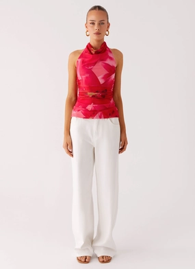 Delany Halter Top - Peach Watermelon Flower Stretchable Knit Simple Shirt