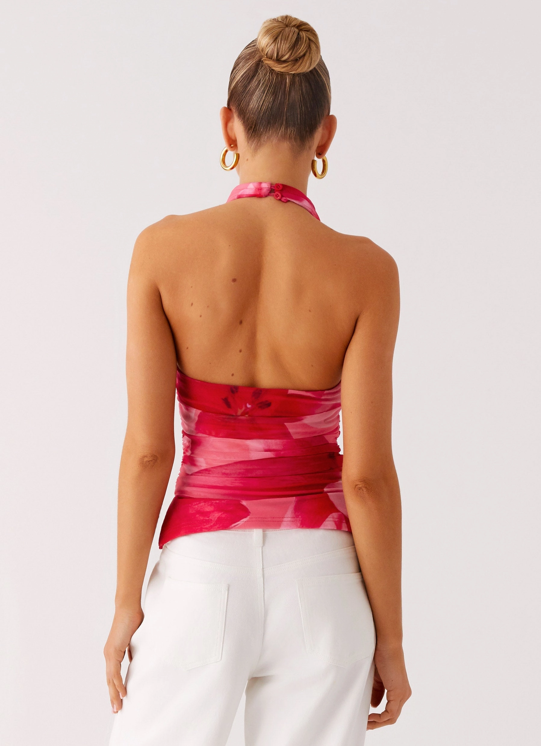 Delany Halter Top - Peach Watermelon Flower WrinkleResistantFinish Earthy Tone Colorways