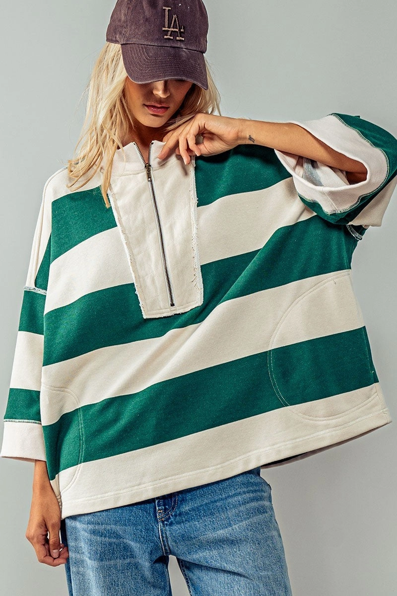 Breezy Striped Pullover Top - Cream Green V-neck Shirt