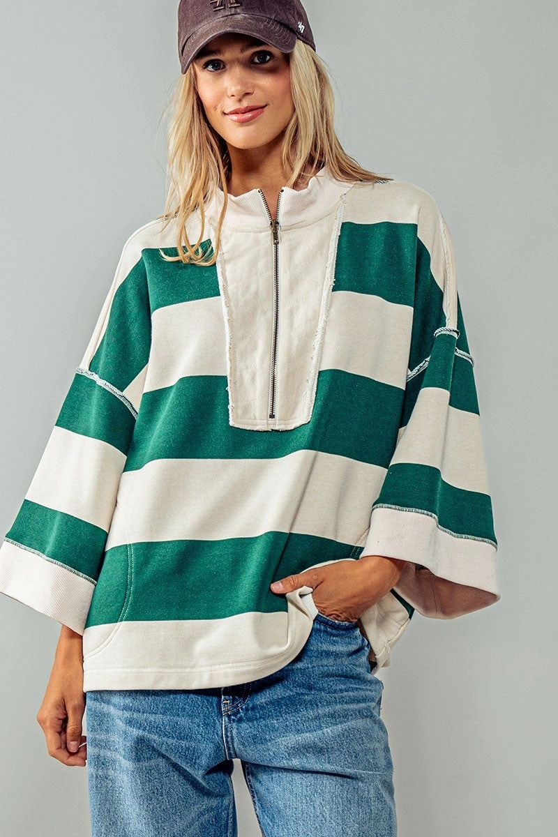 Breezy Striped Pullover Top - Cream Green Machine Washable Fabric