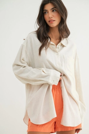 Wicking Interlock Knit Seasonal Layering BRIAR LINEN OVERSIZED BUTTON-UP SHIRT