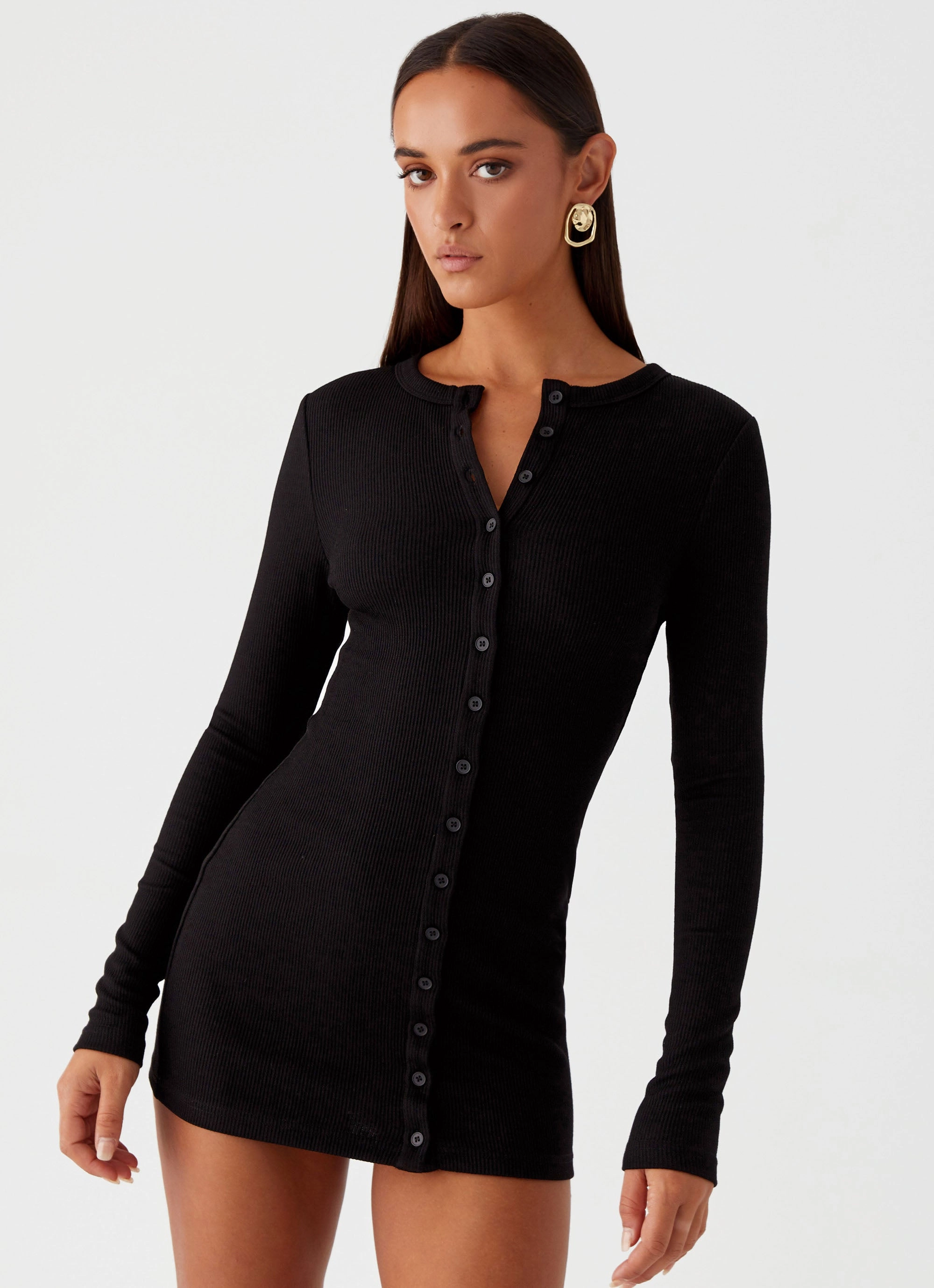 Ailee Long Sleeve Mini Dress - Black Elegant formal outfit Raw-Hem