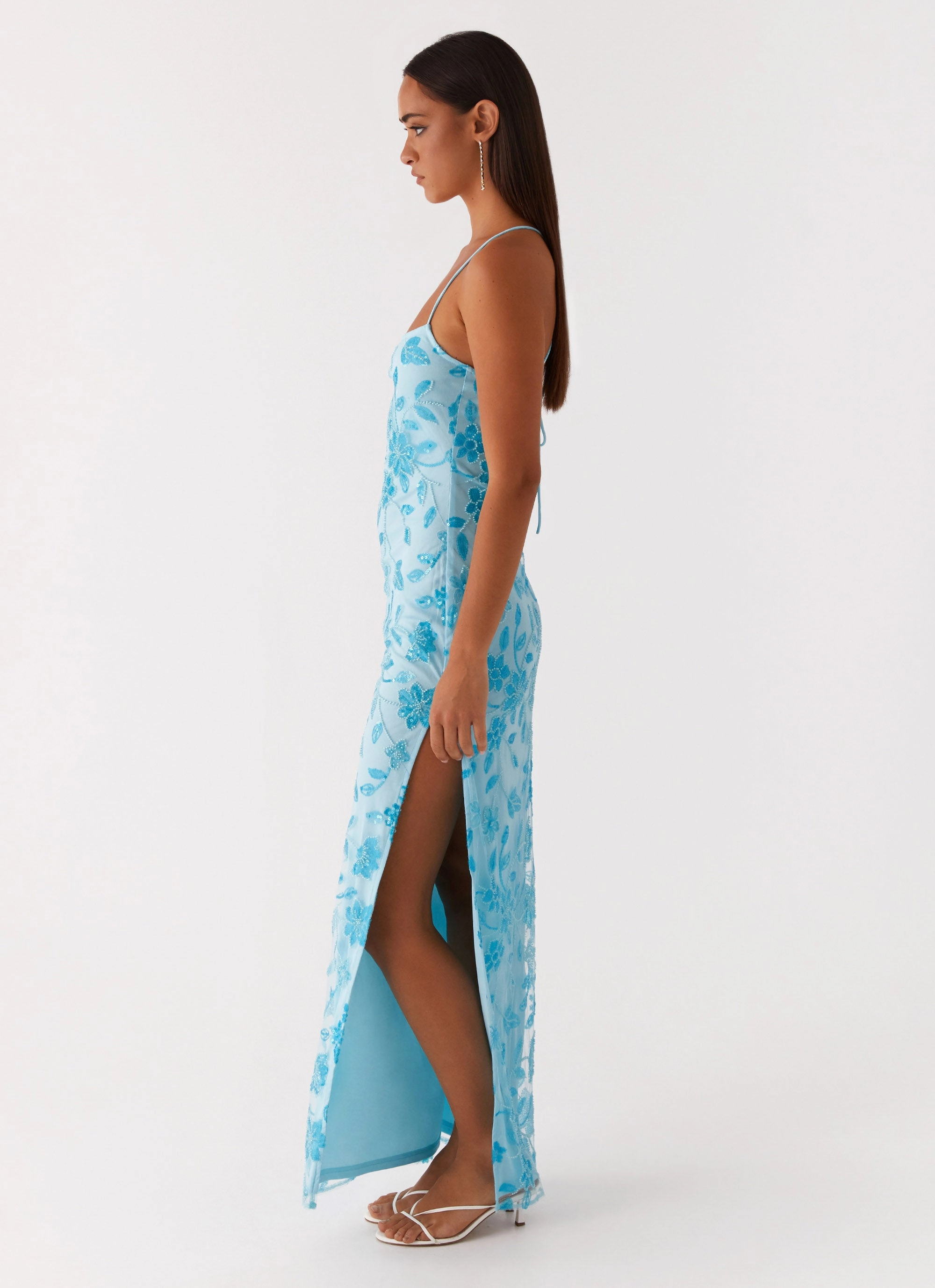 Calm Texture ConvertibleNeckline Bright Lights Beaded Maxi Dress - Blue