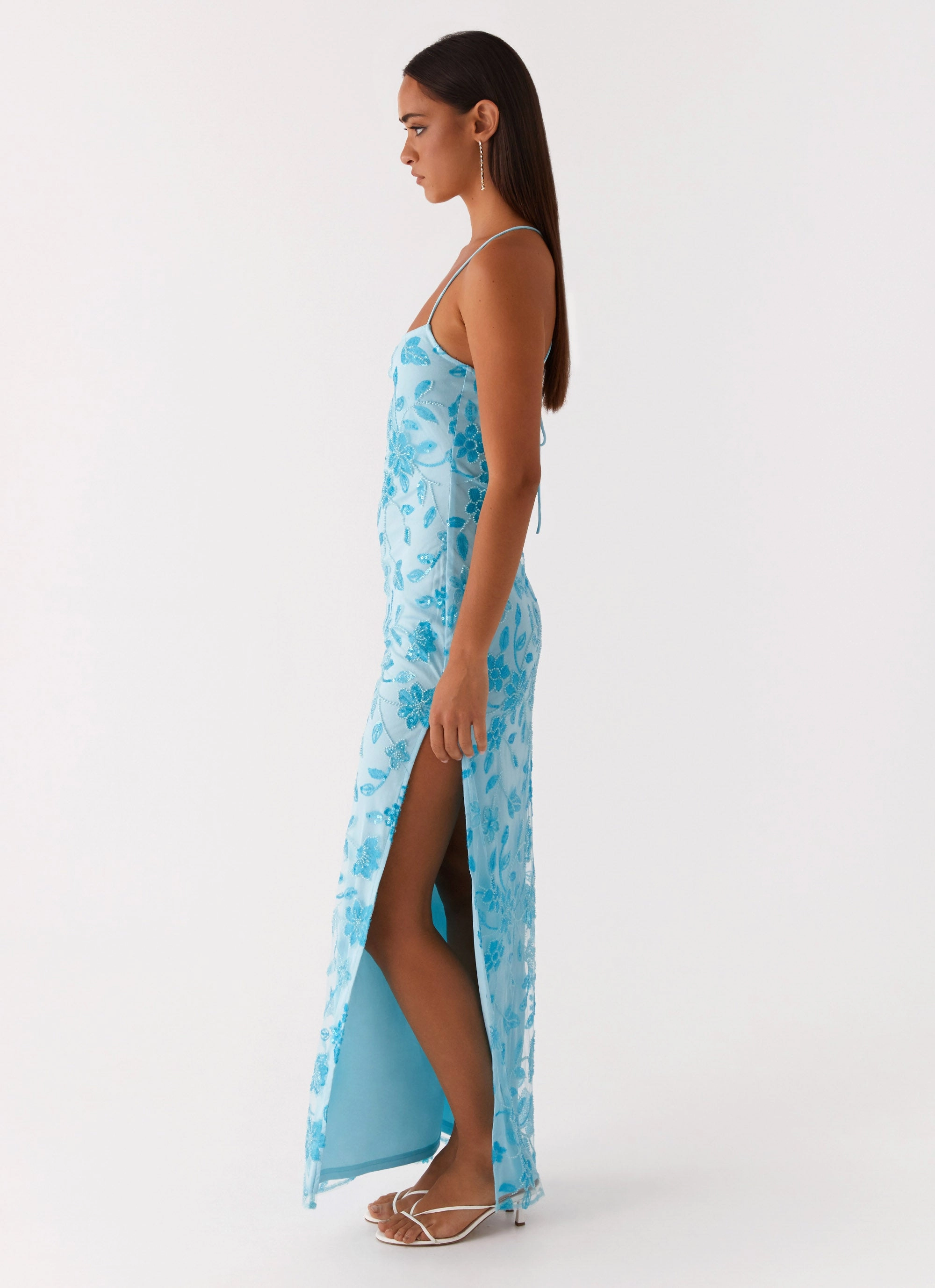 Draped-Style Bright Lights Beaded Maxi Dress - Blue