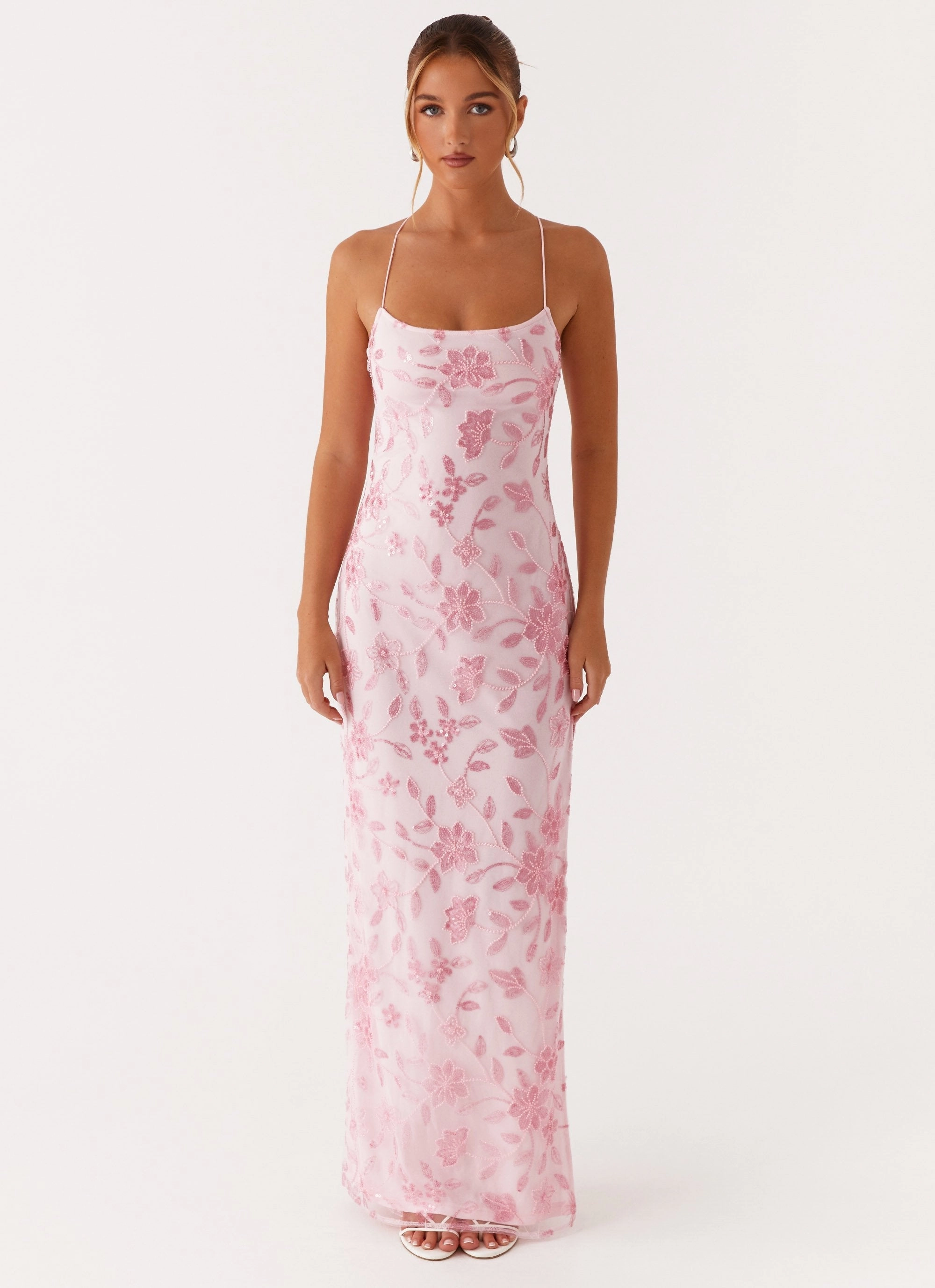 Bright Lights Beaded Maxi Dress - Pink Airy Layer Sheer Look
