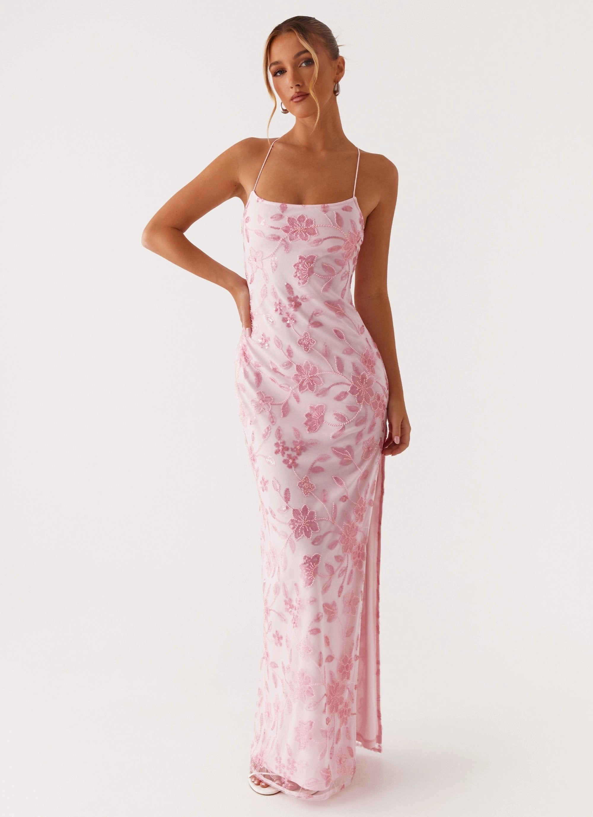 Bright Lights Beaded Maxi Dress - Pink Office Mood