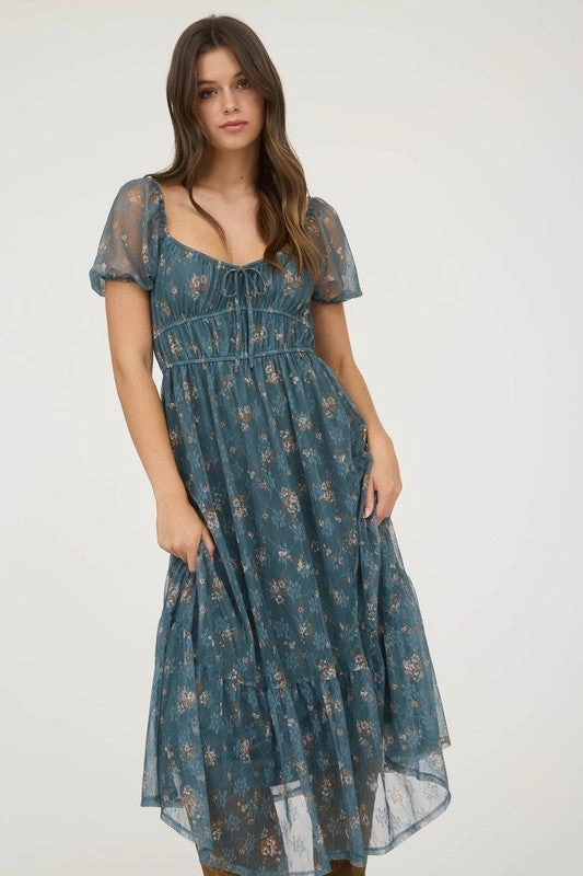 Flexible Fabric Light Motion Raelynn Sheer Floral Puff Sleeve Front Tie Midi Dress