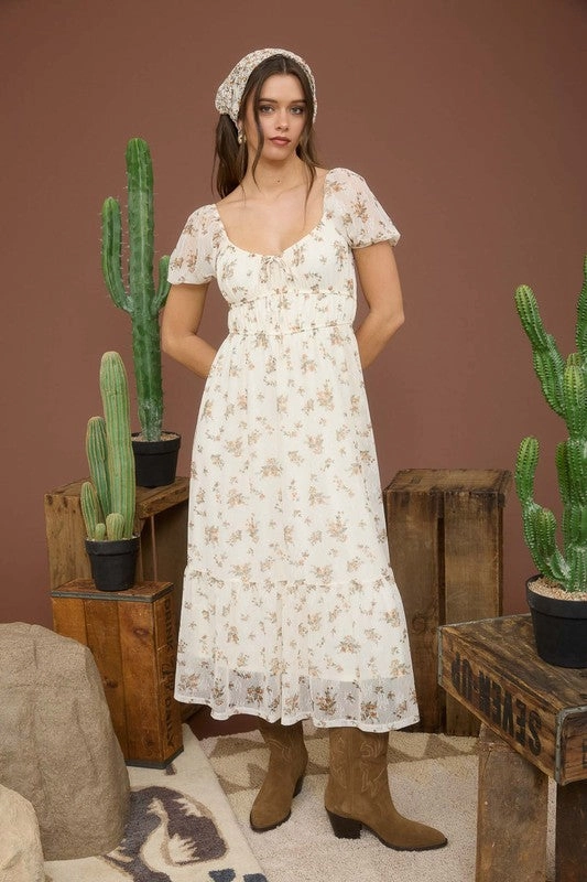 Raelynn Sheer Floral Puff Sleeve Front Tie Midi Dress Hot Now Timeless Touch