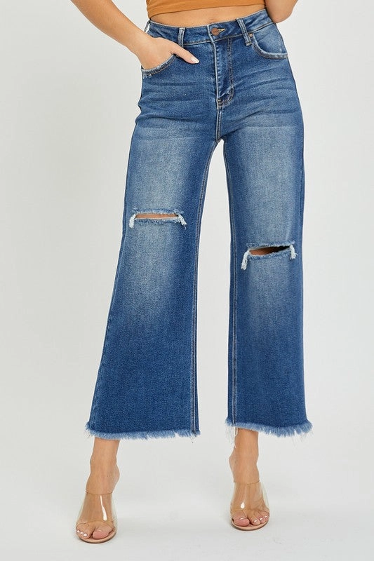 ThermalRegulating Fabric MARYN HIGH RISE FRAYED ANKLE WIDE JEANS