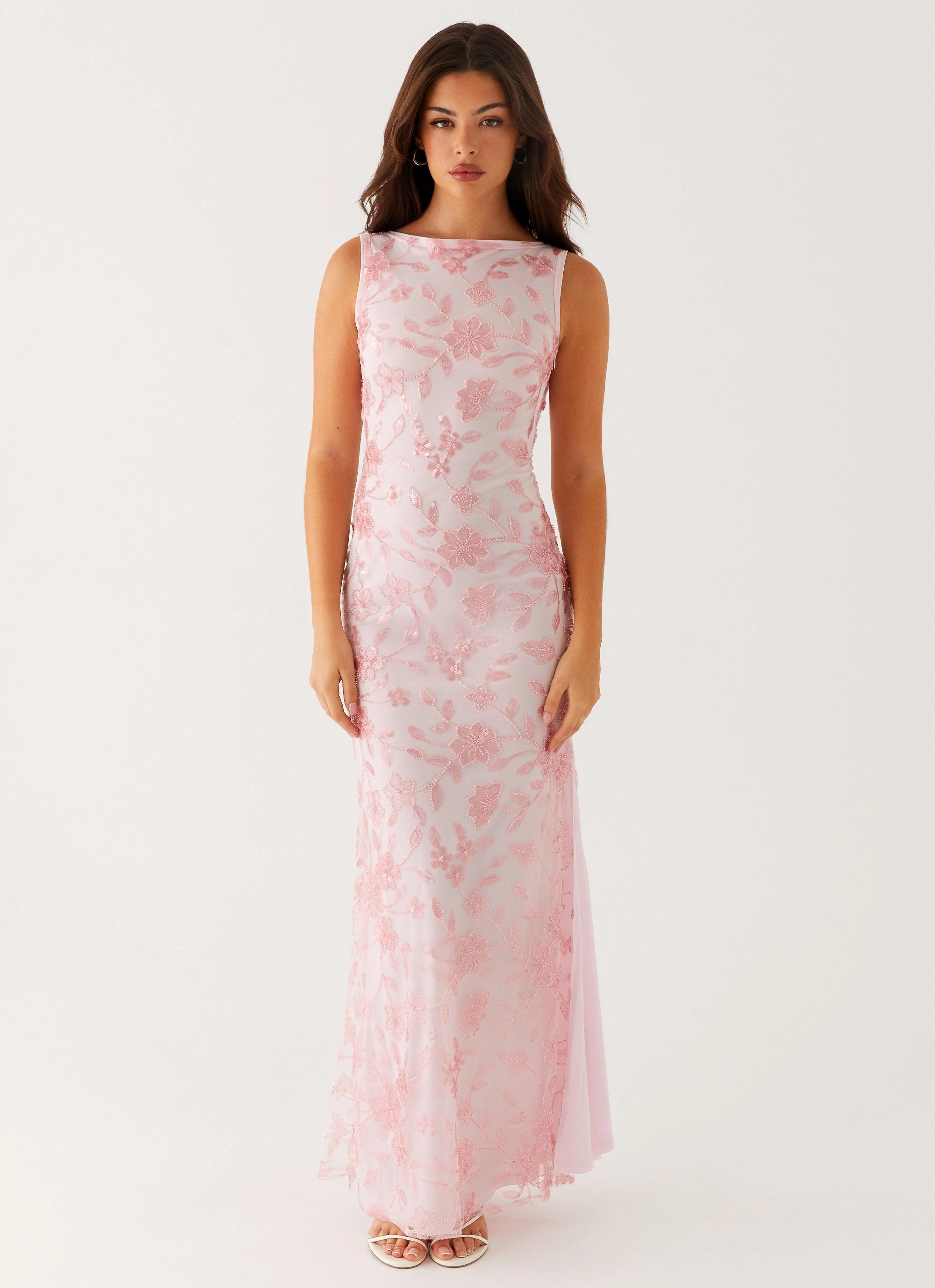 Calm Grace Flexible Fabric Moorey High Neck Maxi Dress - Pink