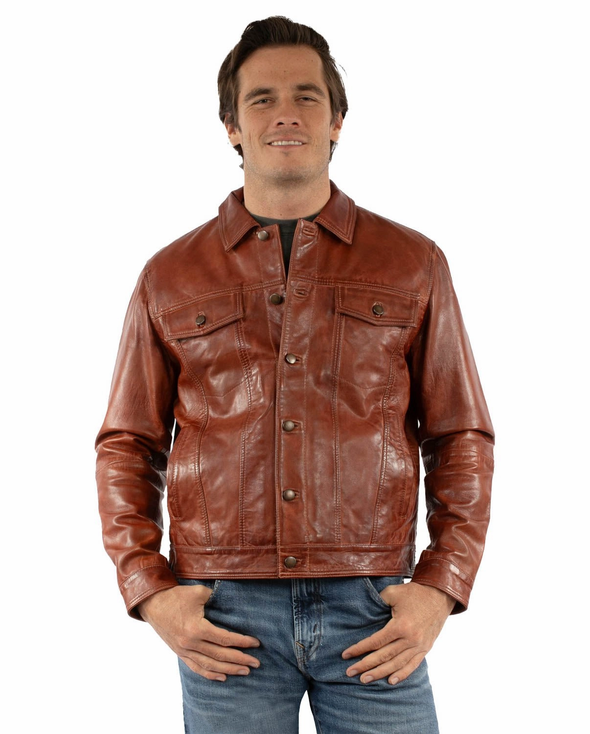 Scully Mens Smooth Jean Cognac Leather Leather Jacket Smooth Glide Fasteners