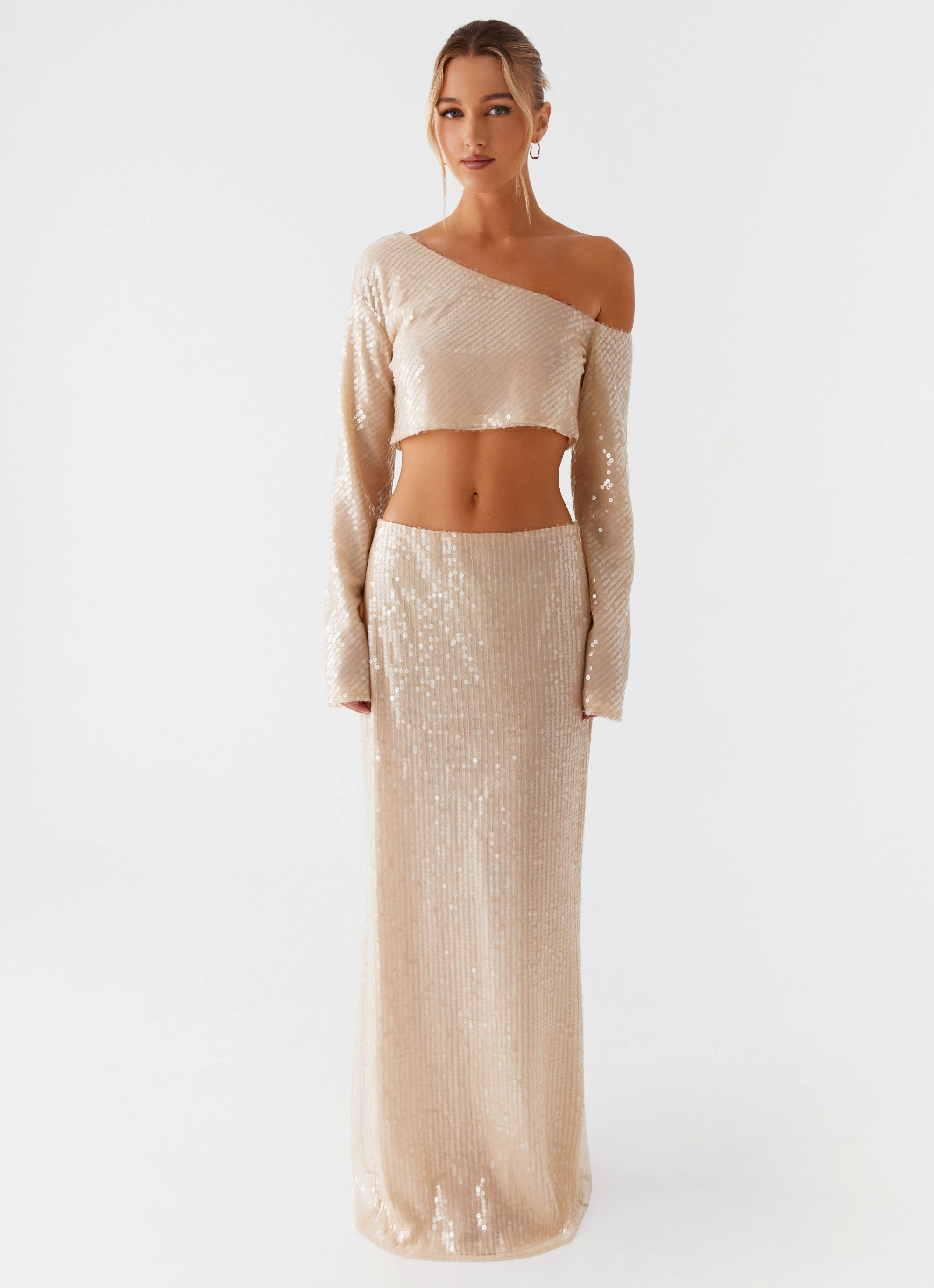 Light Reflective Printing Wisteria Off Shoulder Long Sleeve Sequin Top - Champagne