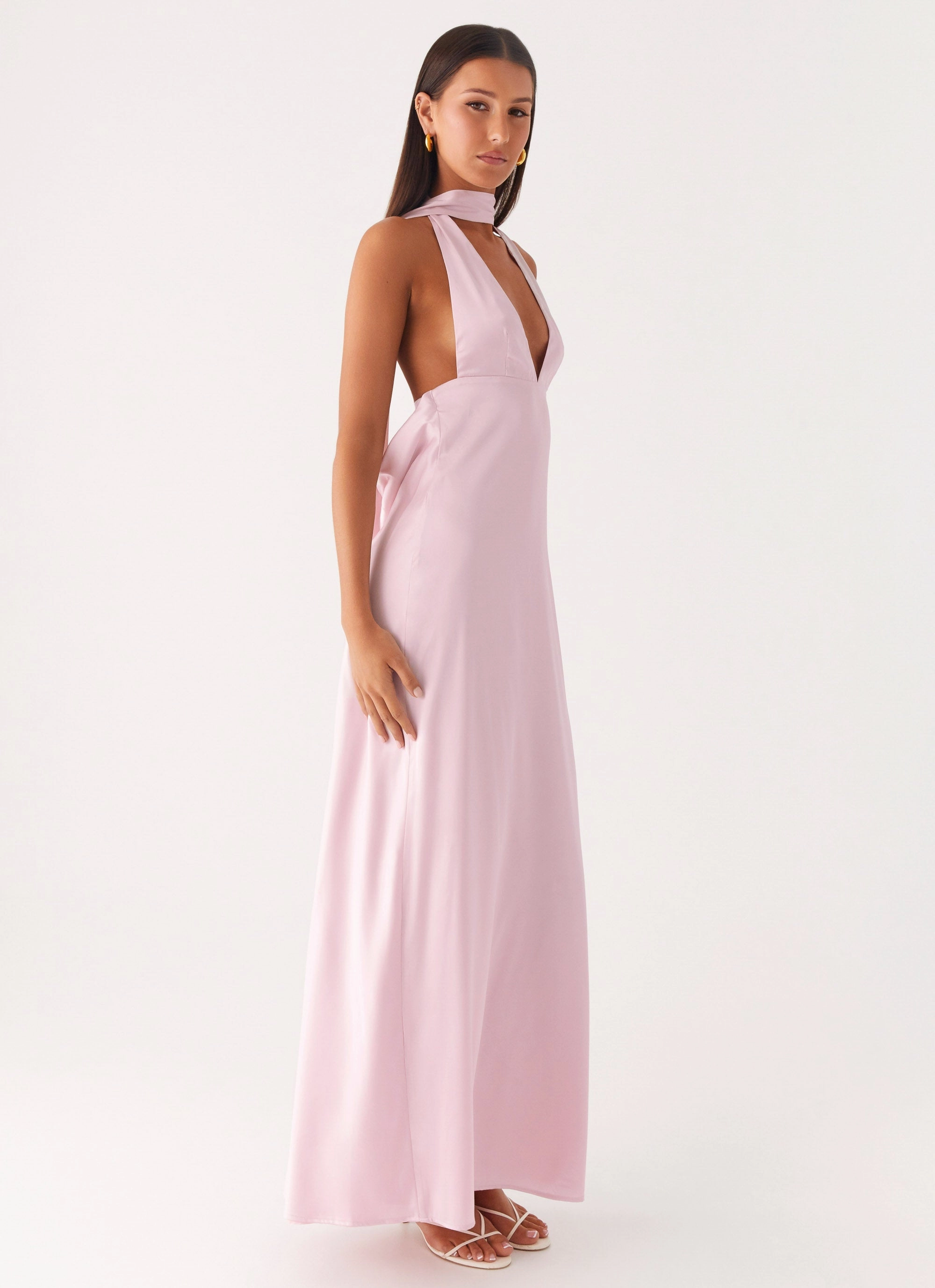 Relaxed Layer Statement-Buttons Alicia Satin Halter Maxi Dress - Baby Pink