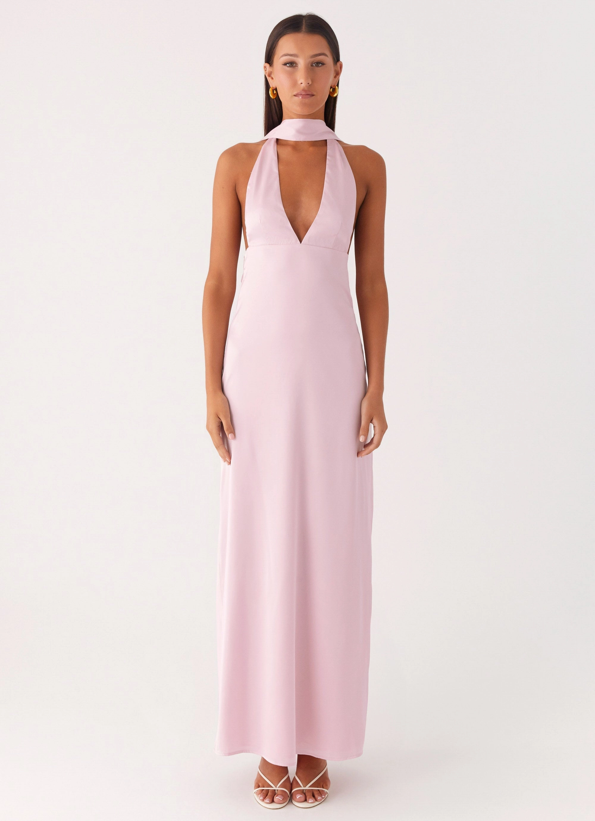 Statement-Buttons Bare Glow Alicia Satin Halter Maxi Dress - Baby Pink