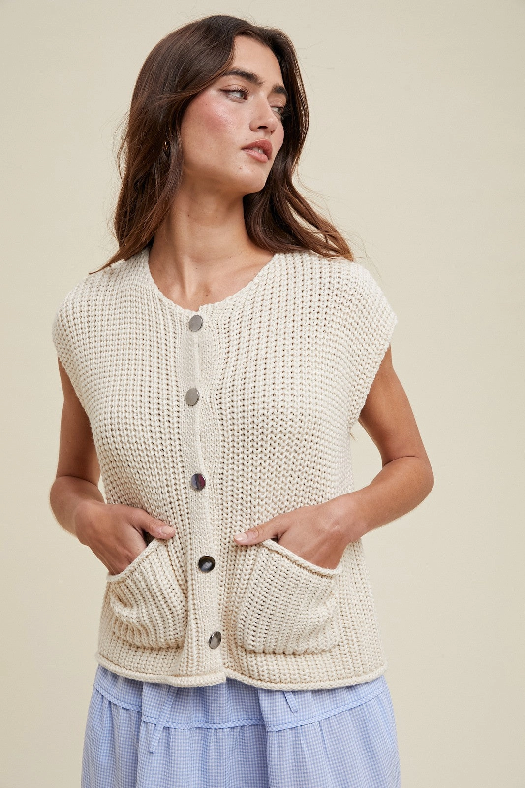 TaglessLabel AbrasionResistantFabric Button Up Sweater Vest - Cream