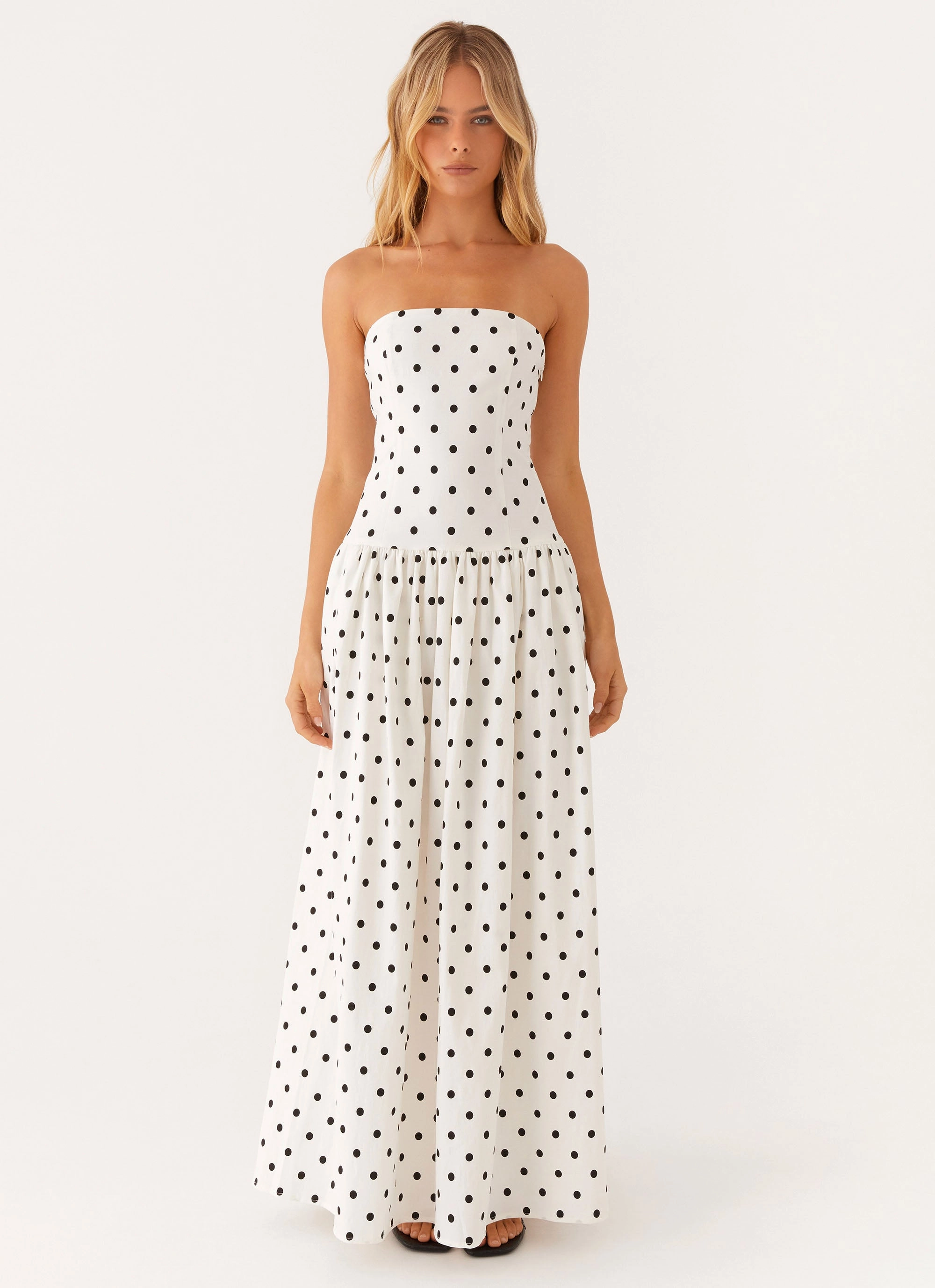 Andorra Maxi Dress - White Polkadot Youthful Feel Tiered Skirt