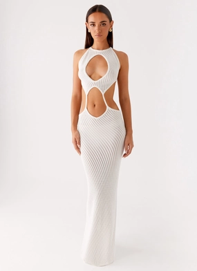 Caicos Crochet Maxi Dress - White Satin-Edge V Neckline