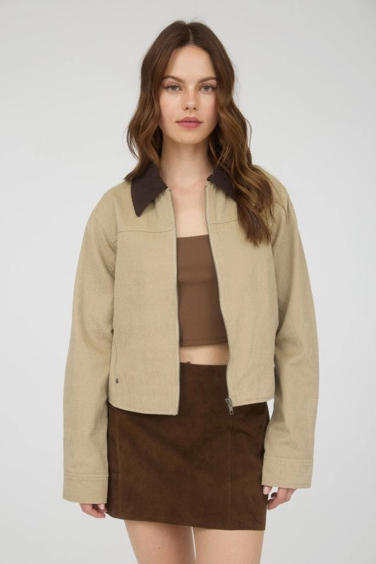 Cali Contrast Corduroy Collar Zip-up Jacket Minimal Aesthetic
