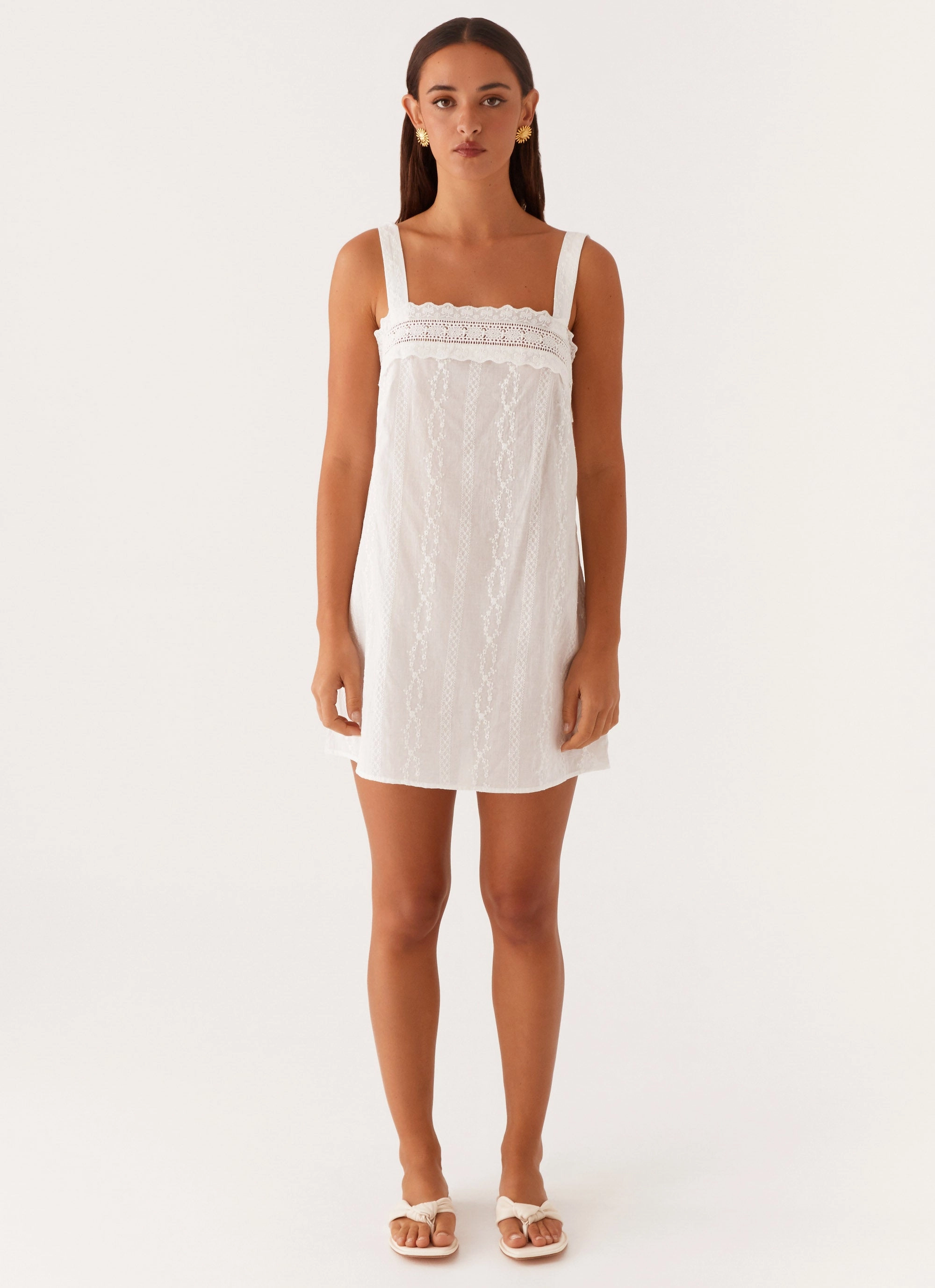 Calla Broderie Mini Dress - White Elastic-Cuff