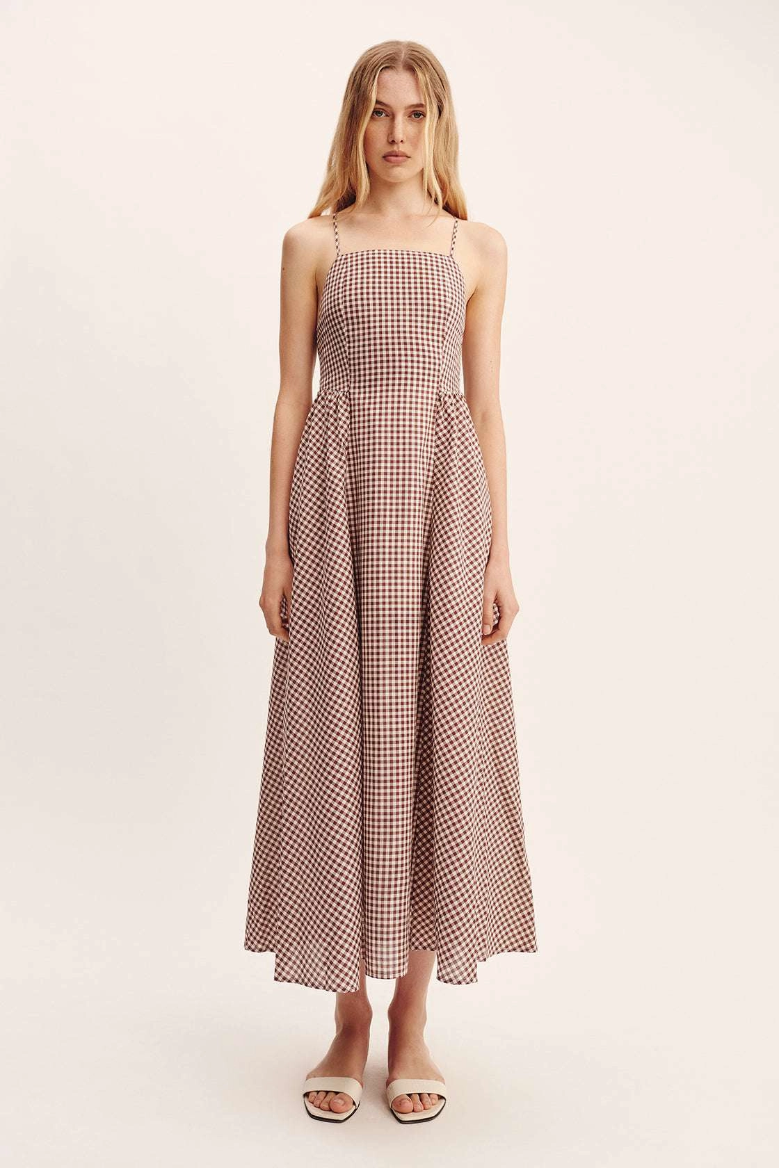 Callie Dress in Petite Mocha Gingham Balanced Tone Bold-Color