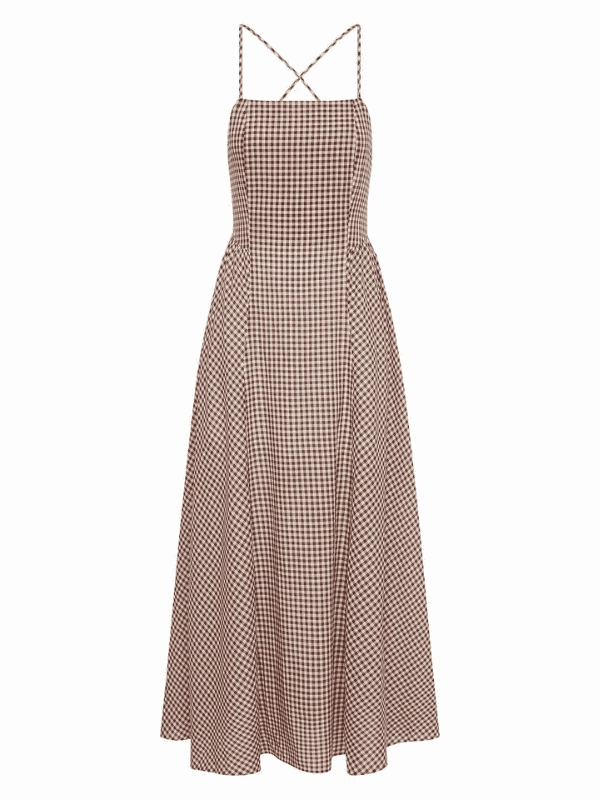 Minimalist fit-and-flare Callie Dress in Petite Mocha Gingham