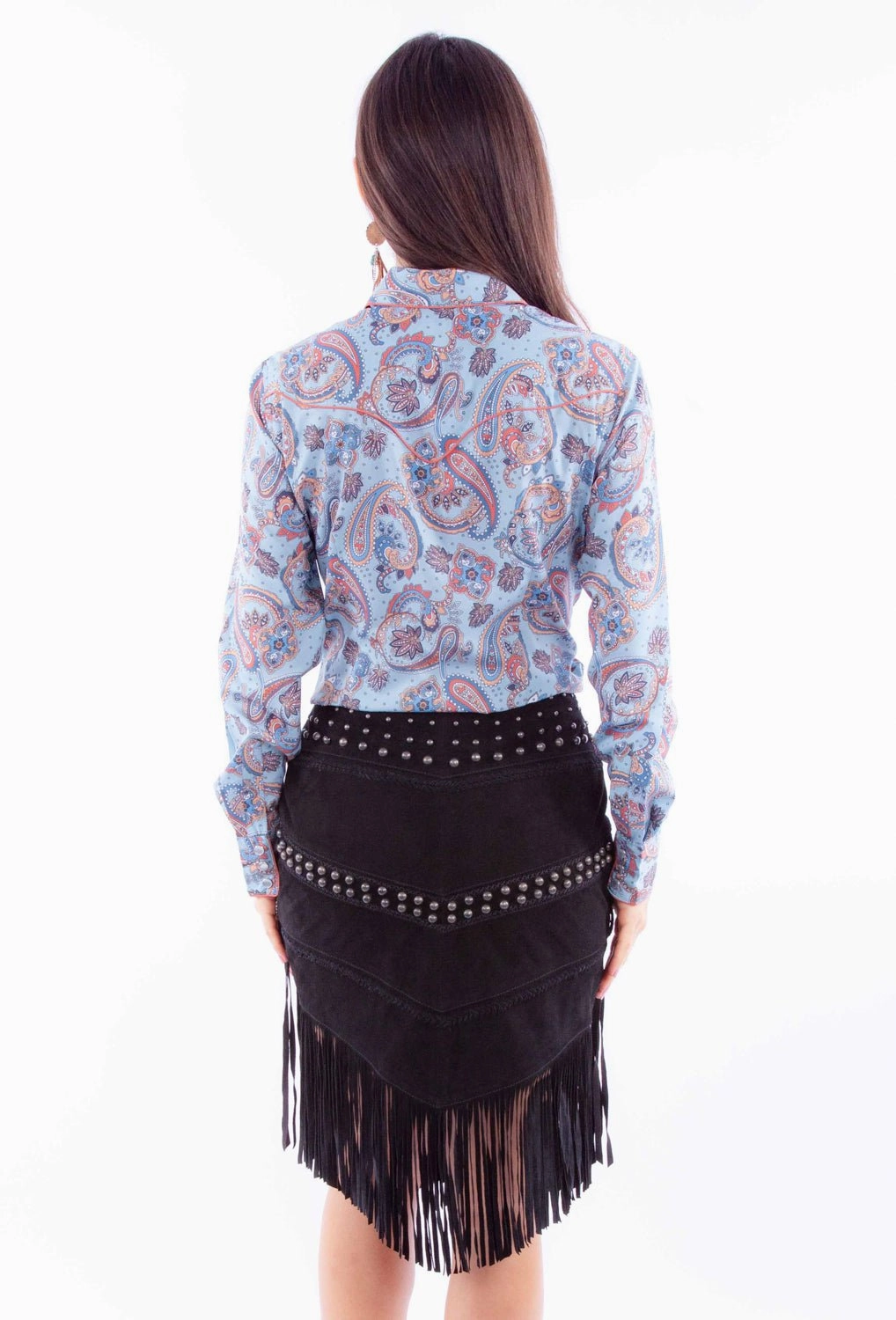 Chic Mood Gathered waist Scully Womens Concho Fringe Black Lamb Suede Skirt