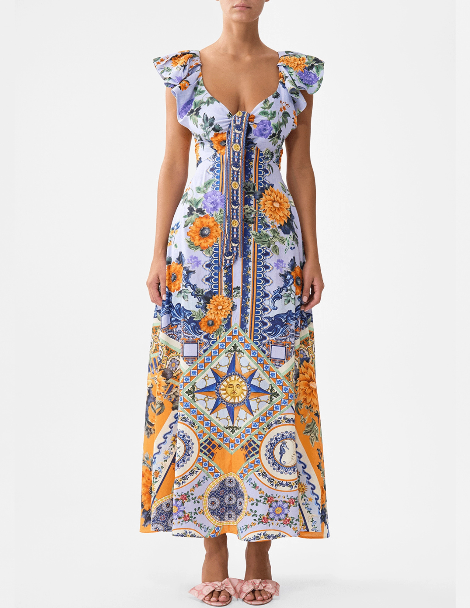 Empire Waist Elegant Layers Camilla Tie Front Frill Sleeve Maxi Dress