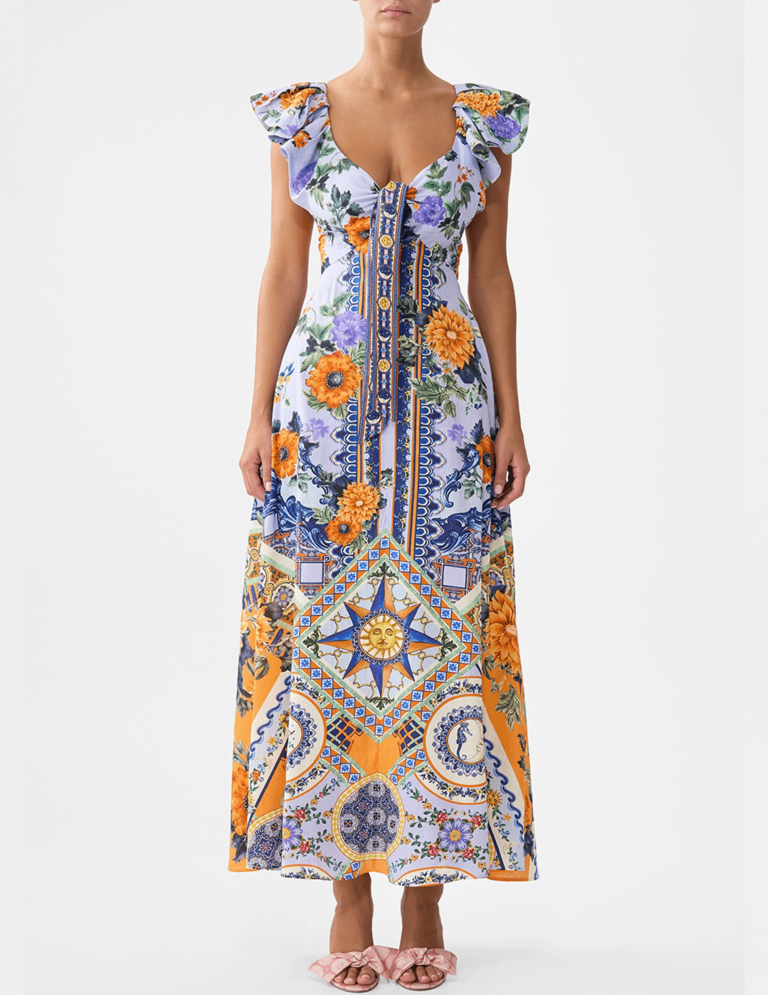 Thermal Regulating Abrasion Proof Reinforcements Camilla Tie Front Frill Sleeve Maxi Dress