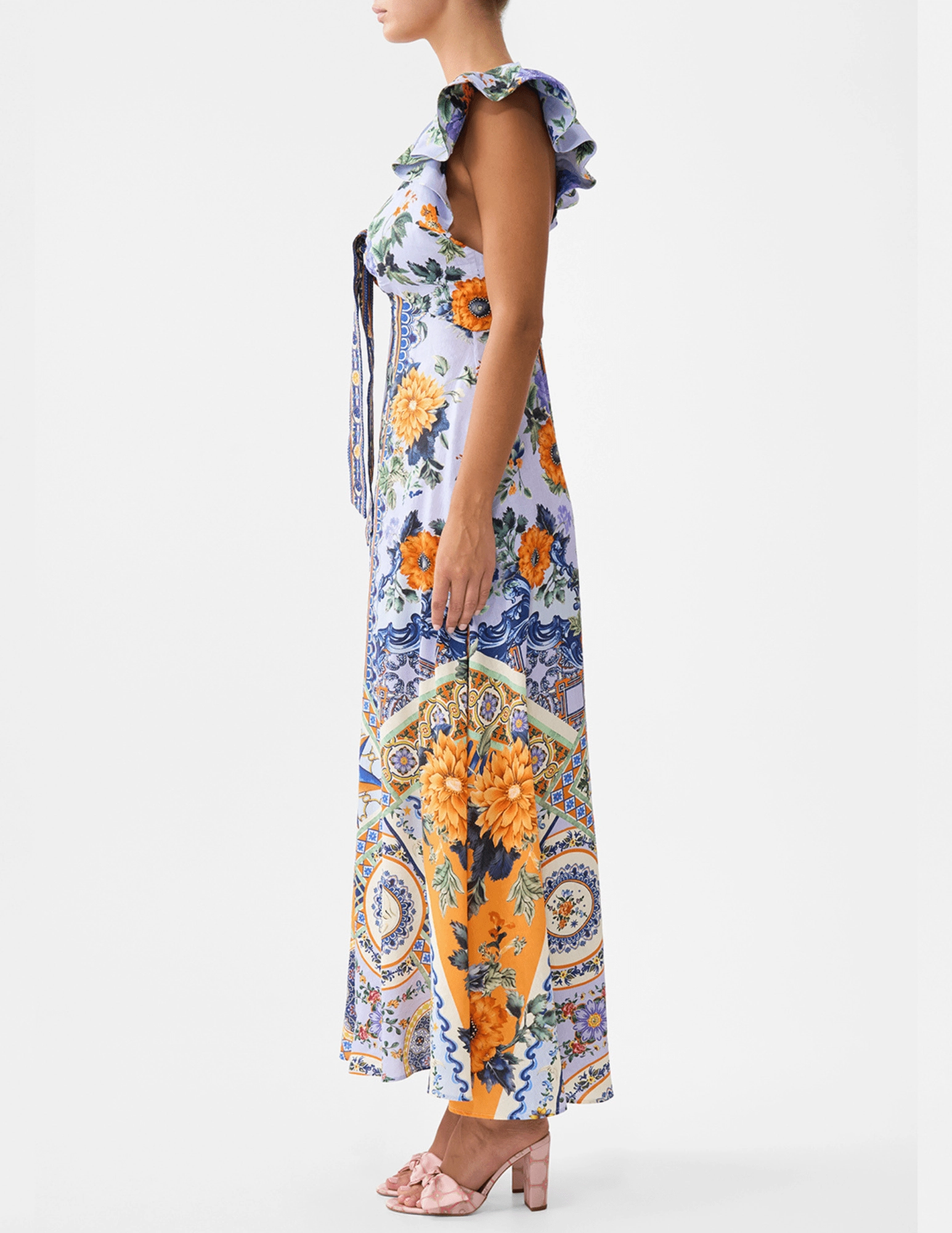 Camilla Tie Front Frill Sleeve Maxi Dress HighRiseWaist