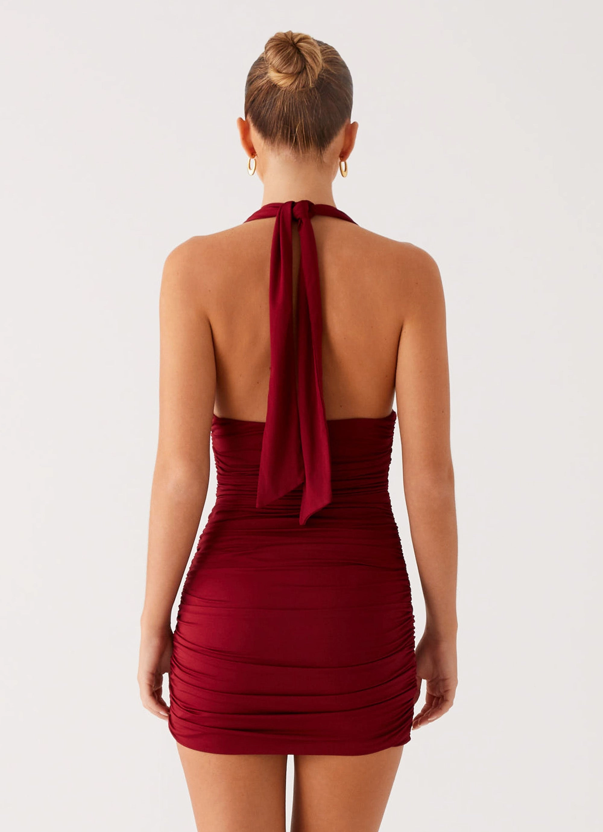 Abelia Halter Mini Dress - Maroon Side Tie
