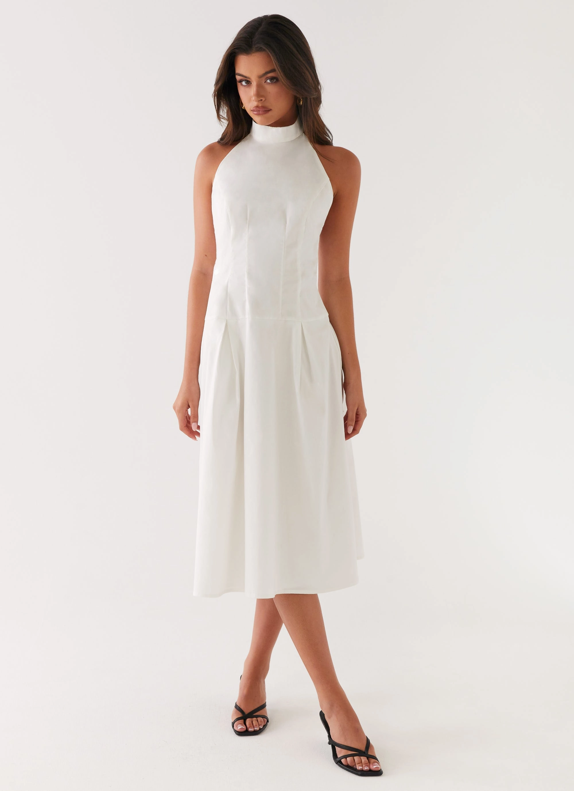 Calla Halter Midi Dress - White Emerging-Brand Gathered-Detail