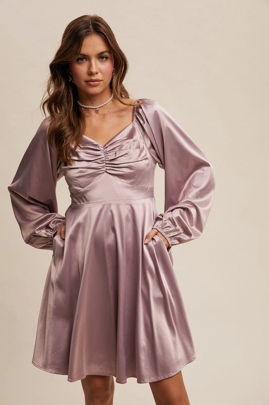 Neutral Mood Carly Cinched Long Sleeve Satin Dress