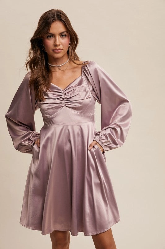 Belted-Style Elegant Appearance Carly Cinched Long Sleeve Satin Dress
