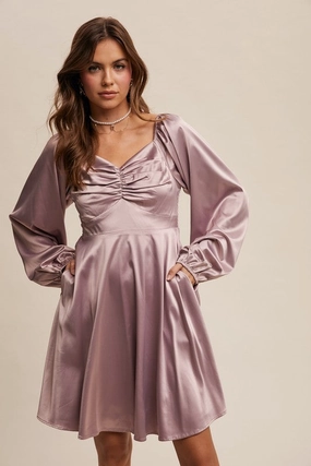 Flattering Shape Carly Cinched Long Sleeve Satin Dress